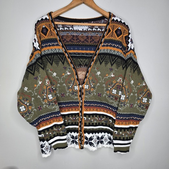 Rodann Sweaters - Rodann Womens Knit Open Button Cardigan Sweater Wool Blend Large Grandma Core